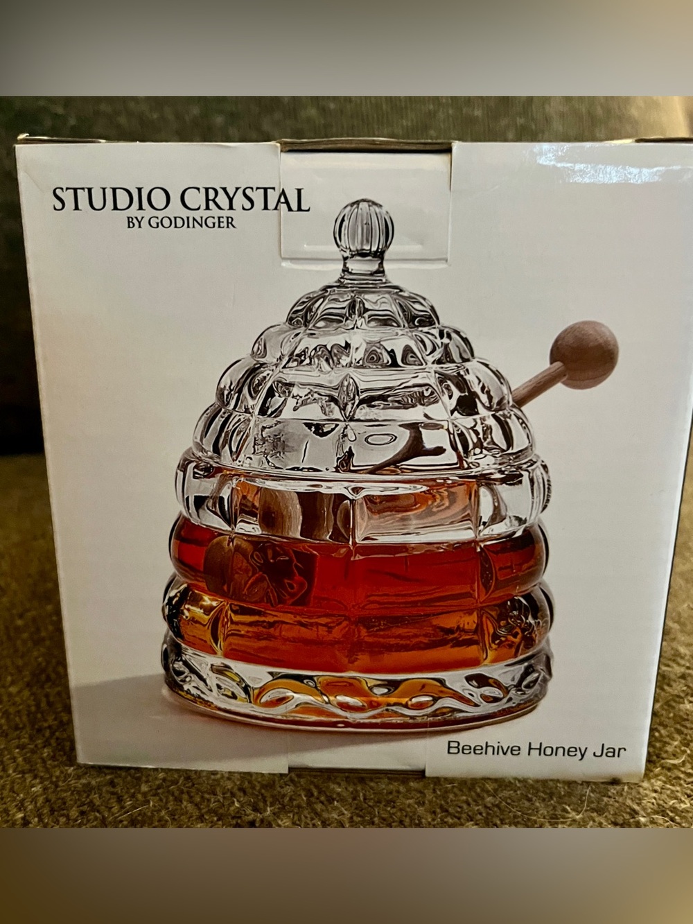 Studio Crystal Beehive Honey Jar with Wood Dipper by Godinger NIB